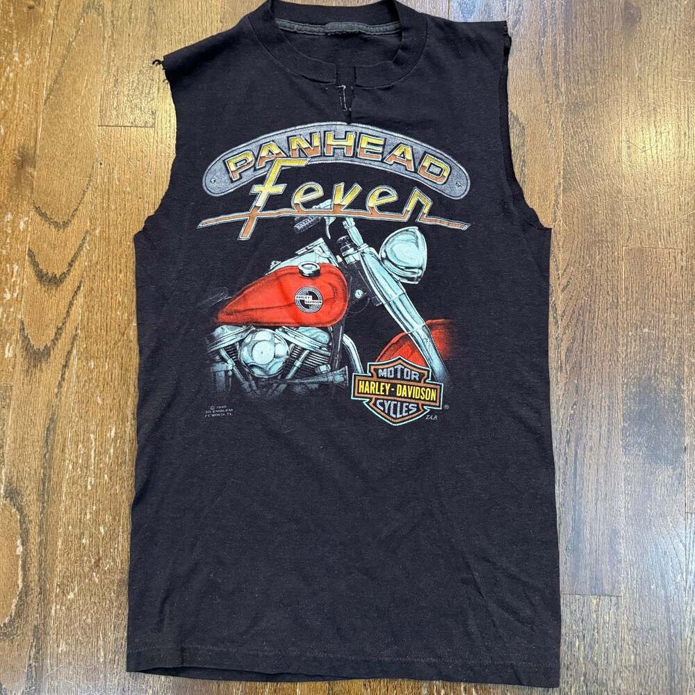 VTG 1986 3D Emblem Harley Davidson Panhead Fever Graphic Black T Shirt size S